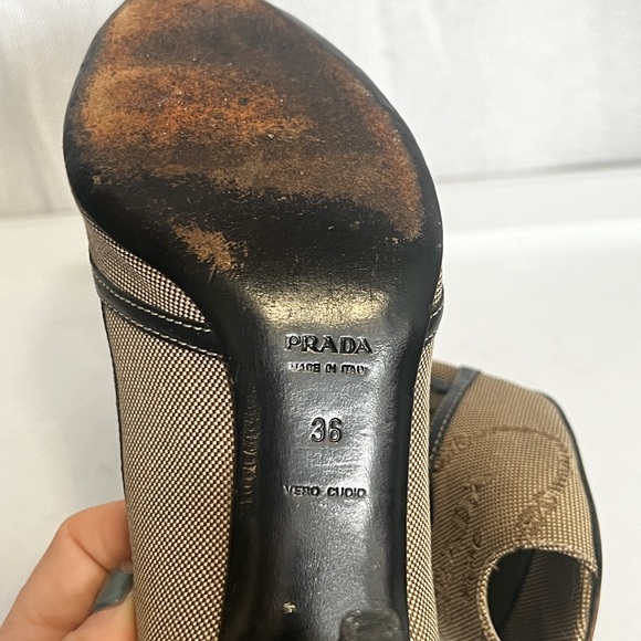 Vintage Prada Brown Buckle Canvas Leather Peep Toe Kitten Heels - Picture 12 of 12